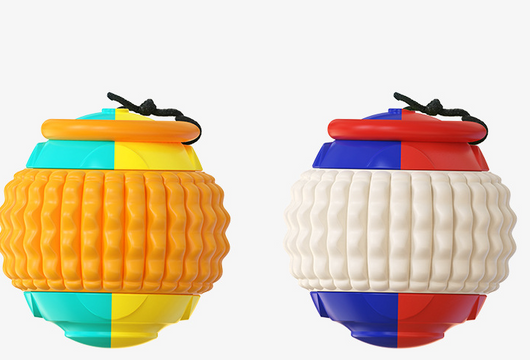 Yellow, orange, and teal pet toy with a black retractable rope, designed for throwing, chewing, and training dogs. - Image 10