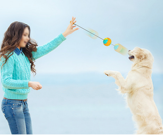 Yellow, orange, and teal pet toy with a black retractable rope, designed for throwing, chewing, and training dogs. - Image 13