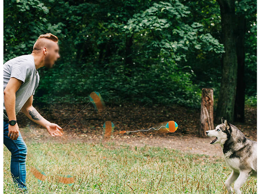 Yellow, orange, and teal pet toy with a black retractable rope, designed for throwing, chewing, and training dogs. - Image 17