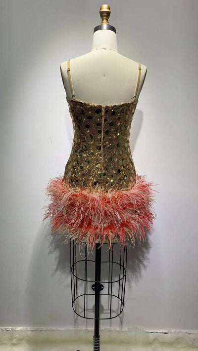 Vestido de Fiesta con Top Tubo y Falda Plisada Patchwork Plumas - Image 18