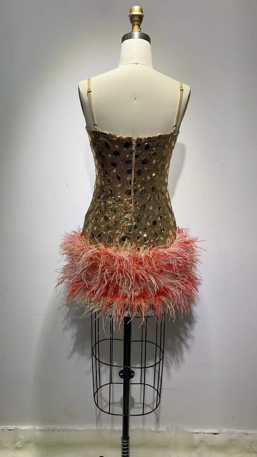 Vestido de Fiesta con Top Tubo y Falda Plisada Patchwork Plumas - Image 18