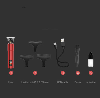 Red portable electric hair clipper with a digital display showing '188' and 'POWER LEFT', featuring a precision steel blade. - Image 20