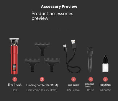 Red portable electric hair clipper with a digital display showing '188' and 'POWER LEFT', featuring a precision steel blade. - Image 27
