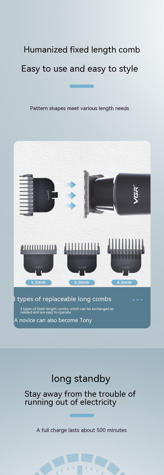 VGR V-937 electric hair clipper kit with LCD display, USB cable, cleaning brush, oil, and 1.5mm, 3.0mm, 4.5mm guide combs. - Image 15