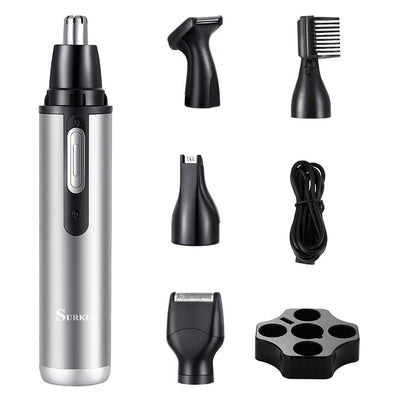 Five-in-one multifunctional USB charging hair trimmer kit with silver body, multiple black heads, and storage base. - Image 21