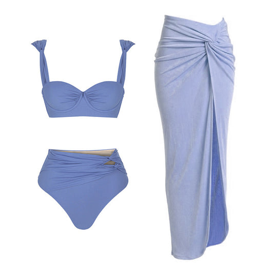 Periwinkle blue three-piece swimsuit set with bandeau bikini top, high-waisted twisted bikini bottom, and maxi sarong skirt. - Image 35