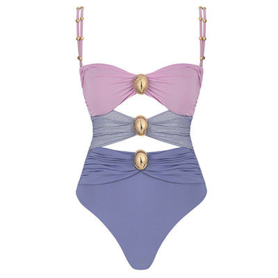 Periwinkle blue three-piece swimsuit set with bandeau bikini top, high-waisted twisted bikini bottom, and maxi sarong skirt. - Image 44