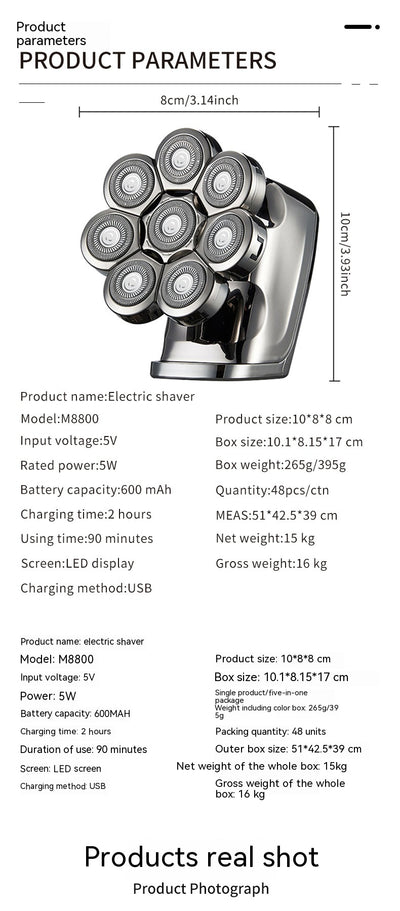 New digital electric shaver with eight rotary blades in a metallic silver finish, designed for a close shave. - Image 7