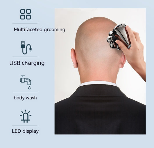 New digital electric shaver with eight rotary blades in a metallic silver finish, designed for a close shave. - Image 24