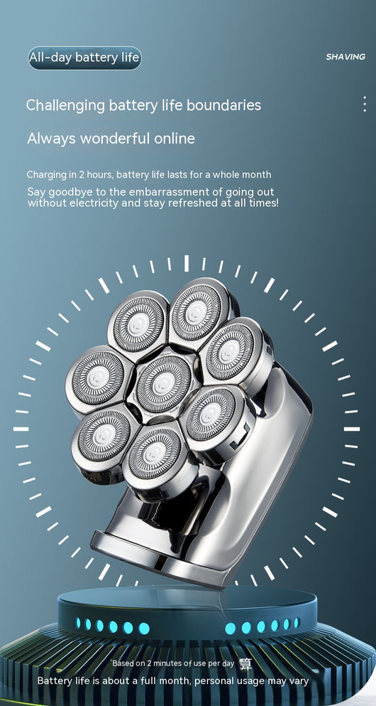 New digital electric shaver with eight rotary blades in a metallic silver finish, designed for a close shave. - Image 28