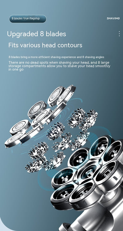 New digital electric shaver with eight rotary blades in a metallic silver finish, designed for a close shave. - Image 30