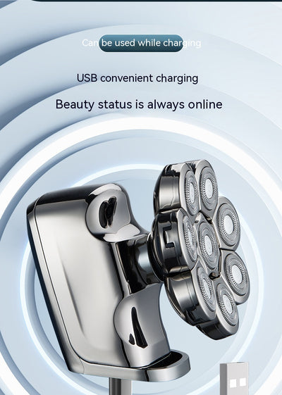 New digital electric shaver with eight rotary blades in a metallic silver finish, designed for a close shave. - Image 31