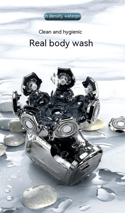 New digital electric shaver with eight rotary blades in a metallic silver finish, designed for a close shave. - Image 32