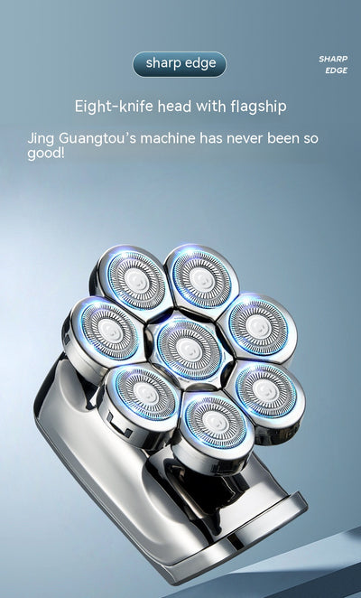 New digital electric shaver with eight rotary blades in a metallic silver finish, designed for a close shave. - Image 33