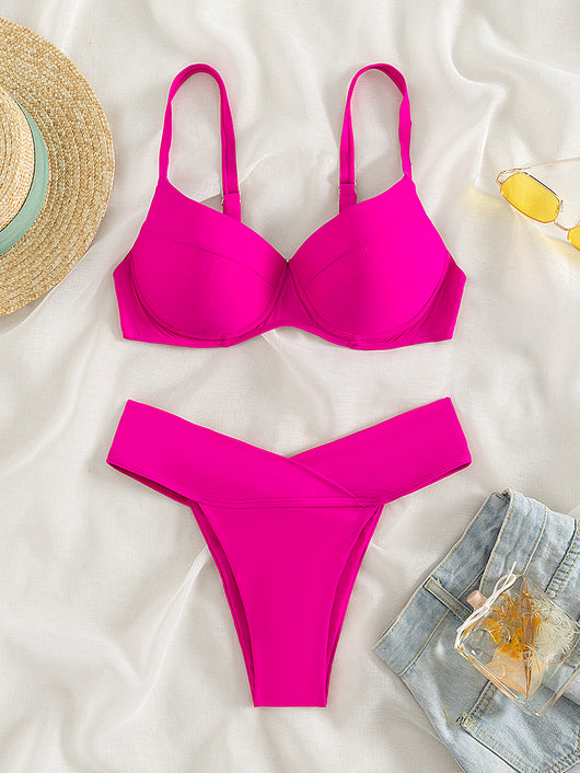 Bikini Dividido de Color Sólido Estilo Europeo Americano - Image 25