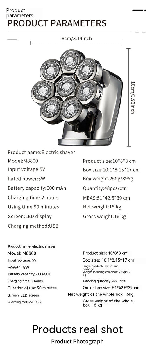 New digital electric shaver with eight rotary blades in a metallic silver finish, designed for a close shave. - Image 37