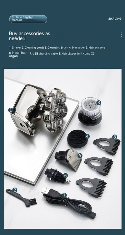 New digital electric shaver with eight rotary blades in a metallic silver finish, designed for a close shave. - Image 55