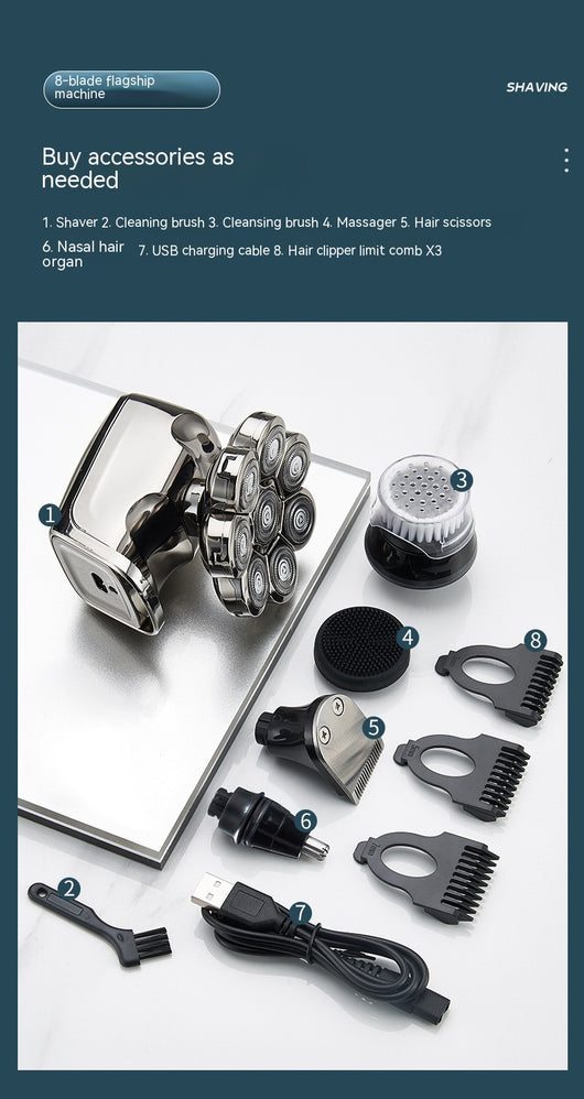 New digital electric shaver with eight rotary blades in a metallic silver finish, designed for a close shave. - Image 55