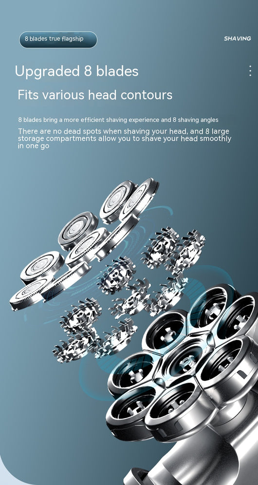 New digital electric shaver with eight rotary blades in a metallic silver finish, designed for a close shave. - Image 60