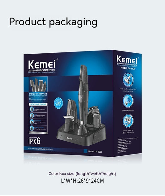 Black Kemei electric hair clipper grooming kit with multiple attachments and charging stand on a white background. - Image 7