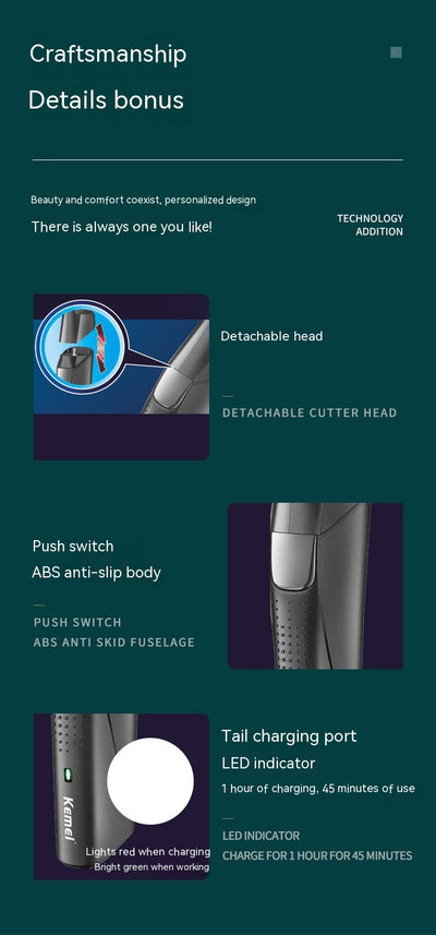 Black Kemei electric hair clipper grooming kit with multiple attachments and charging stand on a white background. - Image 9