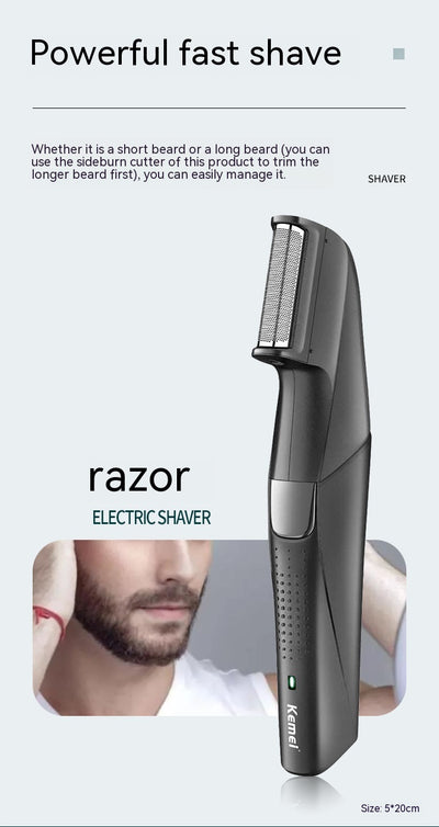 Black Kemei electric hair clipper grooming kit with multiple attachments and charging stand on a white background. - Image 10