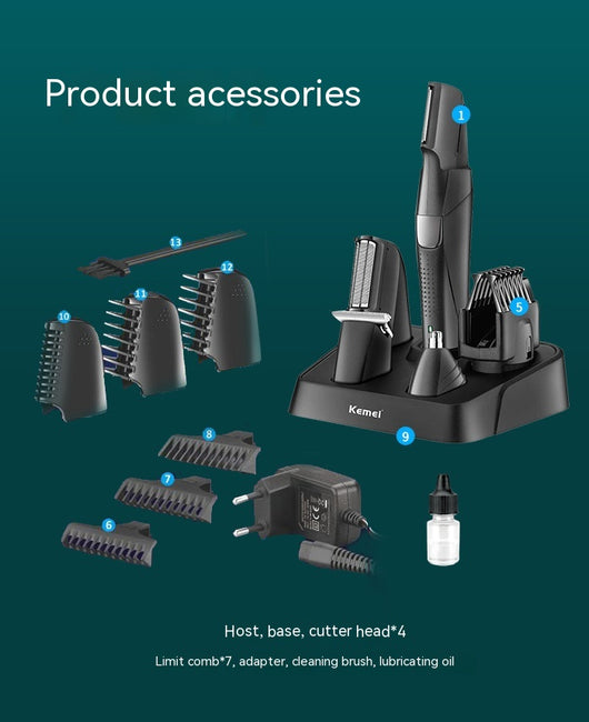 Black Kemei electric hair clipper grooming kit with multiple attachments and charging stand on a white background. - Image 11