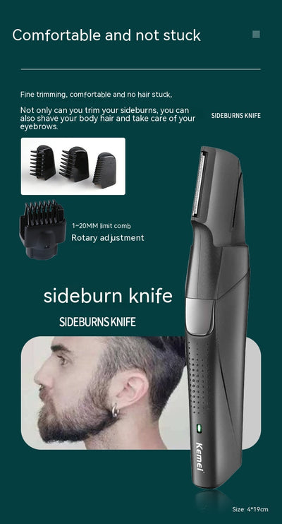 Black Kemei electric hair clipper grooming kit with multiple attachments and charging stand on a white background. - Image 14