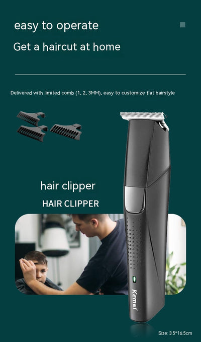 Black Kemei electric hair clipper grooming kit with multiple attachments and charging stand on a white background. - Image 15