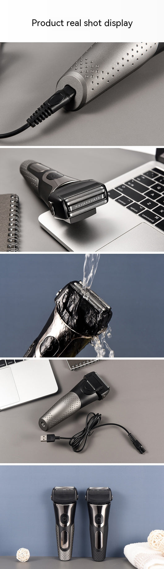Black and silver men's electric shaver with a three-bit floating head and LED battery display. - Image 9