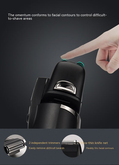 Black and silver men's electric shaver with a three-bit floating head and LED battery display. - Image 11