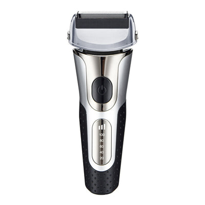 Black and silver men's electric shaver with a three-bit floating head and LED battery display. - Image 12