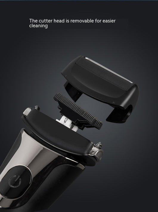 Black and silver men's electric shaver with a three-bit floating head and LED battery display. - Image 16