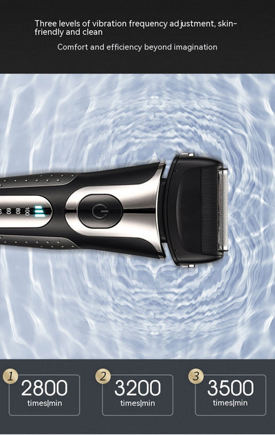 Black and silver men's electric shaver with a three-bit floating head and LED battery display. - Image 18