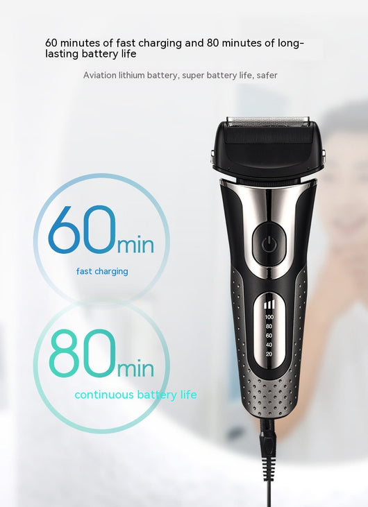 Black and silver men's electric shaver with a three-bit floating head and LED battery display. - Image 20