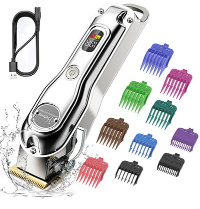 Hatteker professional electric hair clipper with gold blade, LED display, 10 colorful guide combs, USB cable, comb, and cleaning brush. - Image 13