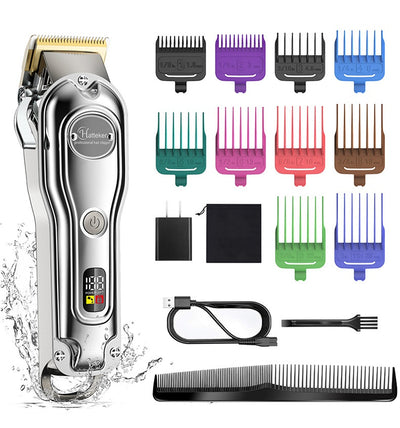 Hatteker professional electric hair clipper with gold blade, LED display, 10 colorful guide combs, USB cable, comb, and cleaning brush. - Image 18