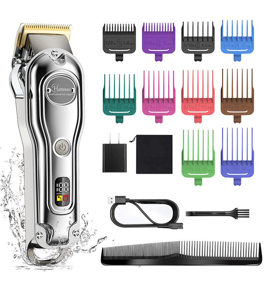 Hatteker professional electric hair clipper with gold blade, LED display, 10 colorful guide combs, USB cable, comb, and cleaning brush. - Image 18
