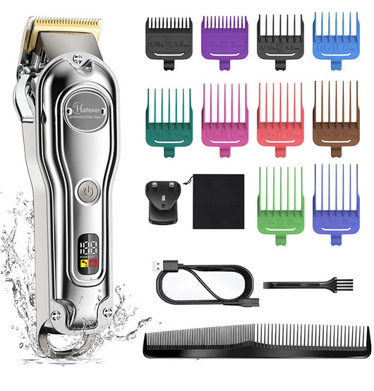 Hatteker professional electric hair clipper with gold blade, LED display, 10 colorful guide combs, USB cable, comb, and cleaning brush. - Image 22