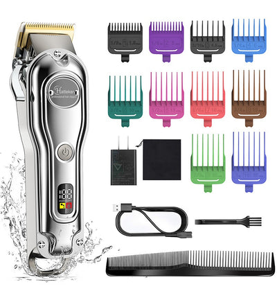 Hatteker professional electric hair clipper with gold blade, LED display, 10 colorful guide combs, USB cable, comb, and cleaning brush. - Image 27