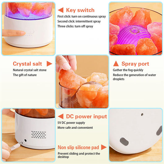 White cool-mist humidifier and aroma diffuser with glowing blue LED lights and orange crystal salt rocks, emitting mist. - Image 15