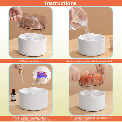 White cool-mist humidifier and aroma diffuser with glowing blue LED lights and orange crystal salt rocks, emitting mist. - Image 16