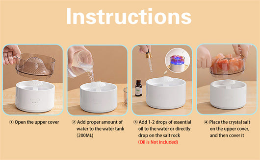 White cool-mist humidifier and aroma diffuser with glowing blue LED lights and orange crystal salt rocks, emitting mist. - Image 19