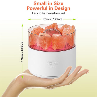 White cool-mist humidifier and aroma diffuser with glowing blue LED lights and orange crystal salt rocks, emitting mist. - Image 23