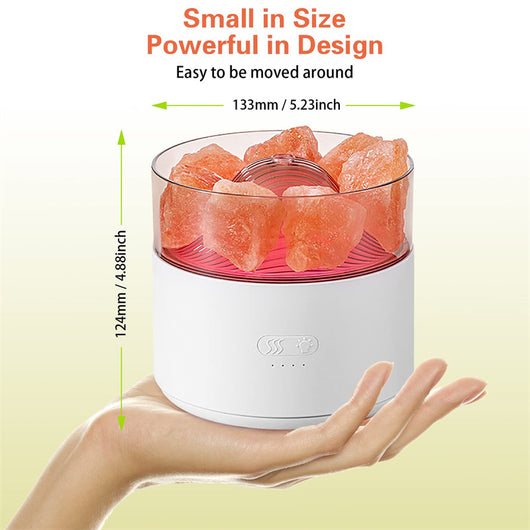 White cool-mist humidifier and aroma diffuser with glowing blue LED lights and orange crystal salt rocks, emitting mist. - Image 23