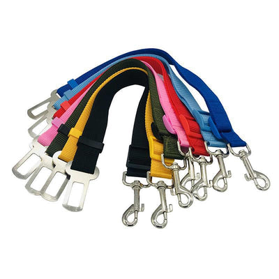 Gray pet car seat belt with a metal seatbelt buckle and a swivel snap hook for securing dogs in vehicles. - Image 10