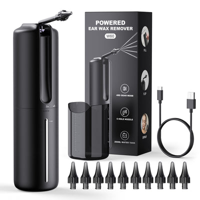 Black electric ear wax remover kit with main device, measuring cup, 10 nozzles, and USB-C charging cable. - Image 16