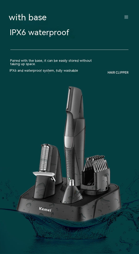 Black Kemei electric hair clipper grooming kit with multiple attachments and charging stand on a white background. - Image 16