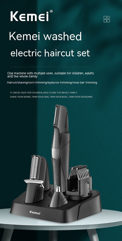 Black Kemei electric hair clipper grooming kit with multiple attachments and charging stand on a white background. - Image 18