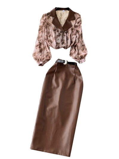 Conjunto Elegante: Blusa de Gasa Floral con Cuello Sastre y Falda Ajustada de Cuero PU - Image 10